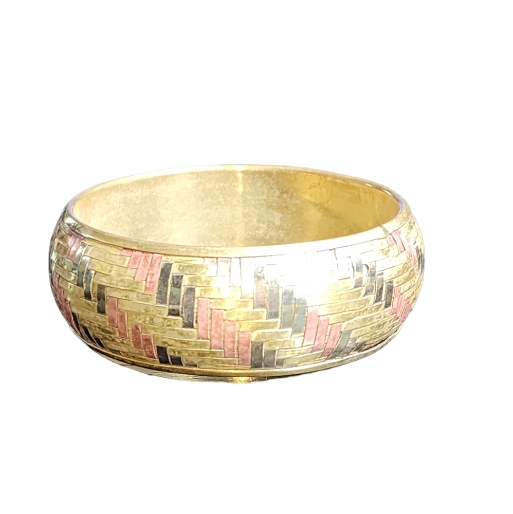 Vintage Boho Tri-Color Brass Copper & Silver Plated Basket Weave Bangle Bracelet
